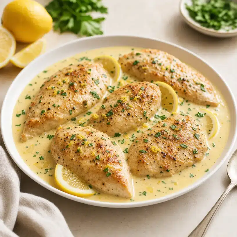 Creamy lemon garlic chicken dish garnished with herbs on a plate