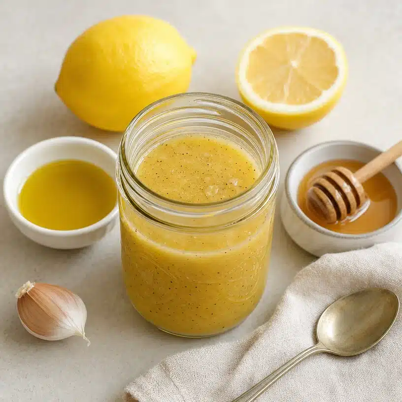 Easy lemon vinaigrette dressing in a glass bowl with fresh lemon slices.