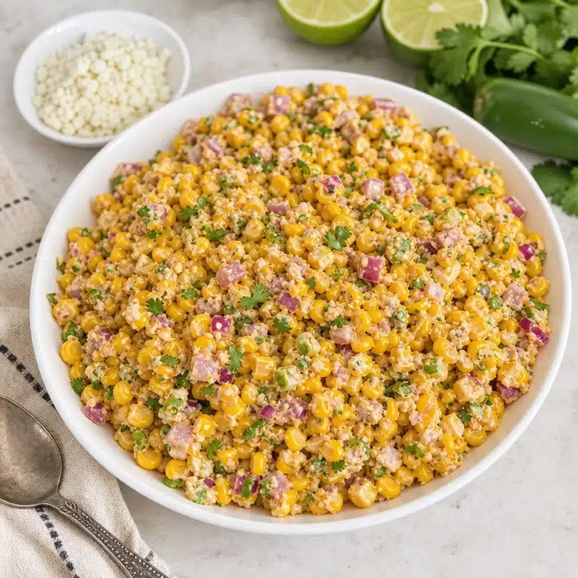 Delicious easy Mexican corn salad with colorful vegetables in a bowl