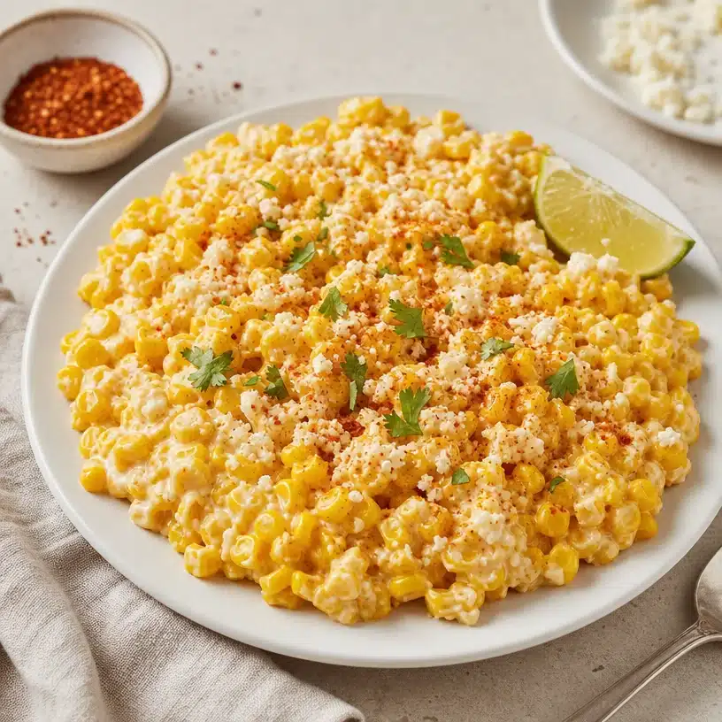 Easy Mexican street corn topped with cheese and spices