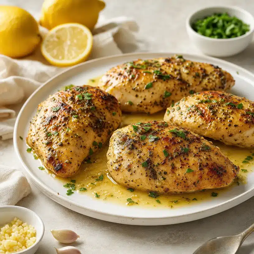 Delicious lemon garlic chicken garnished with herbs and served on a plate