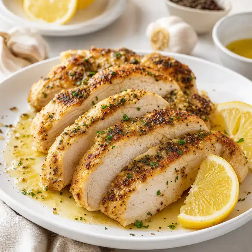 Plate of Lemon Garlic Chicken garnished with herbs