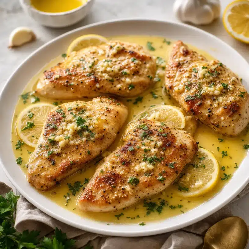 Lemon Garlic Chicken with Lemon Butter Sauce: Easy and Delicious! 3 Plate of Lemon Garlic Chicken drizzled with Lemon Butter Sauce