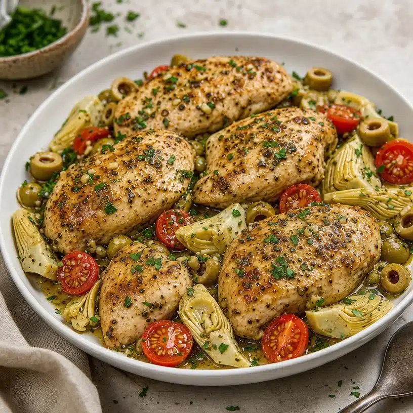 Delicious Mediterranean chicken dish served with fresh vegetables and herbs