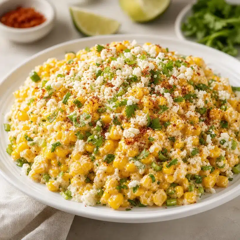 Delicious Mexican Street Corn topped with cheese, spices, and herbs.
