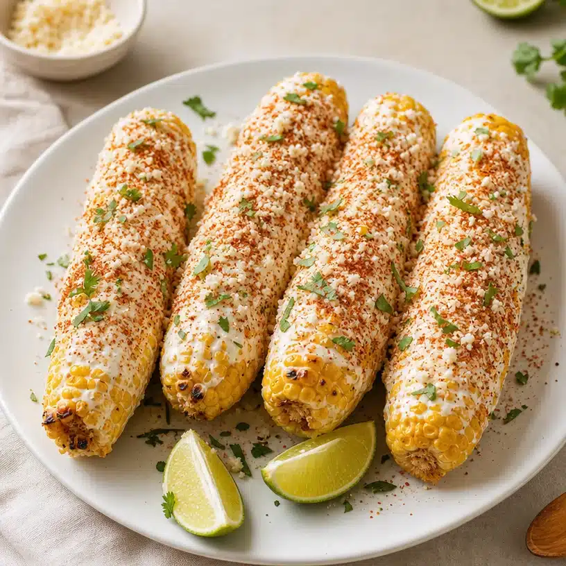 Delicious Mexican Street Corn topped with cheese, lime, and spices