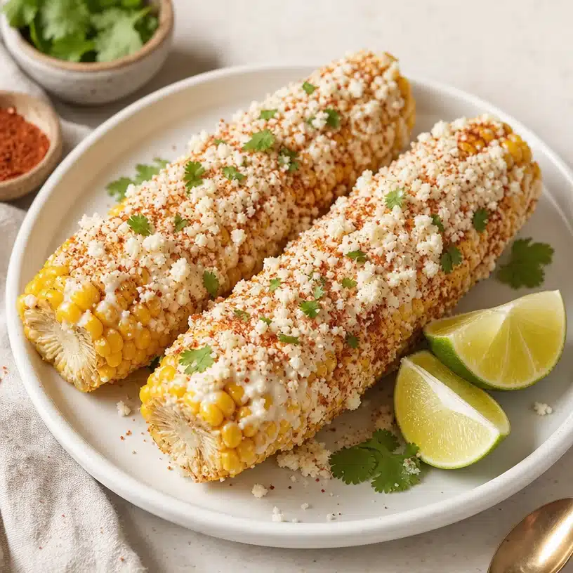 Delicious Mexican street corn topped with cheese and spices