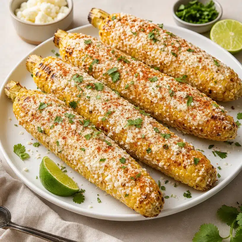 Delicious Mexican Street Corn with cheese, spices, and creamy sauce