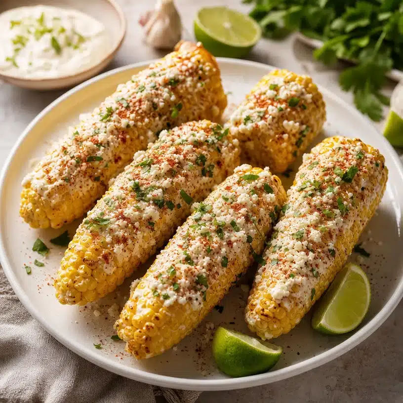 Delicious Mexican street corn topped with mayo, cheese, and spices
