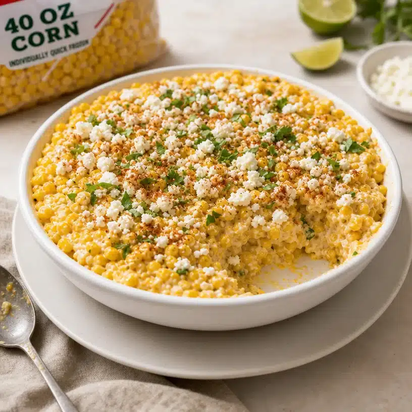 Delicious Mexican street corn casserole topped with cotija cheese and herbs