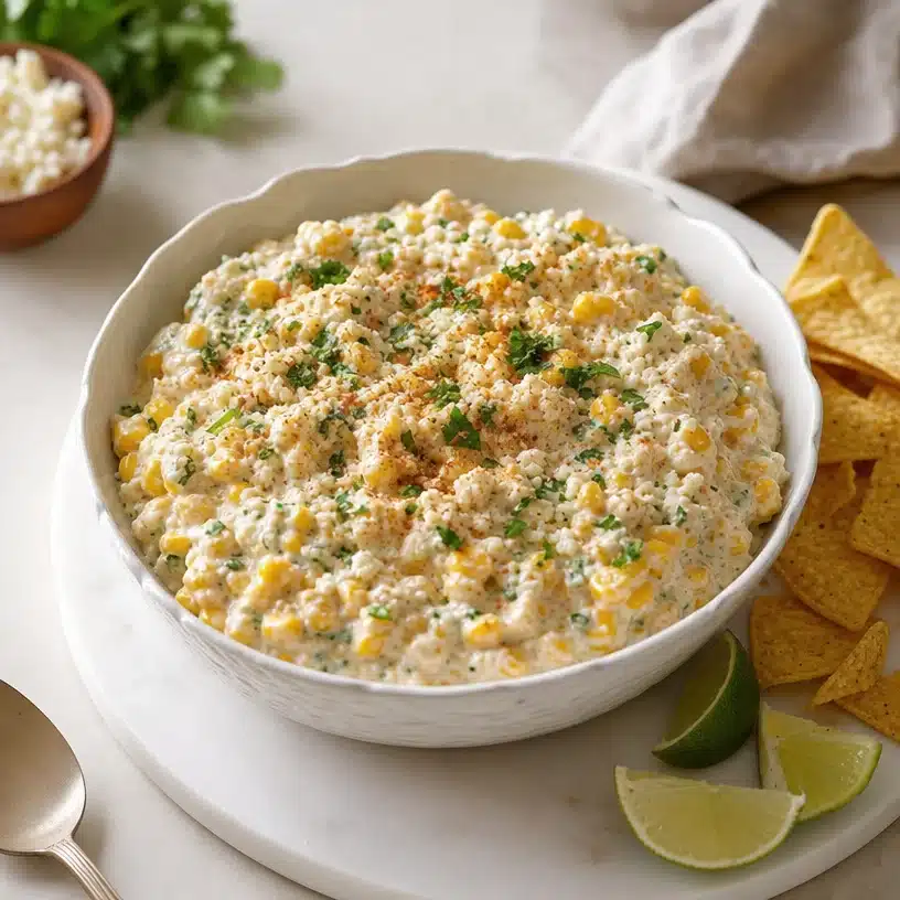 Creamy Mexican Street Corn Dip served with tortilla chips