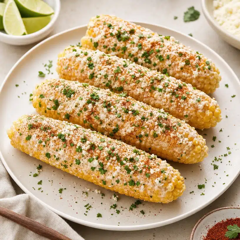 Delicious Mexican street corn (Elote) with toppings of mayonnaise, cheese, and chili powder