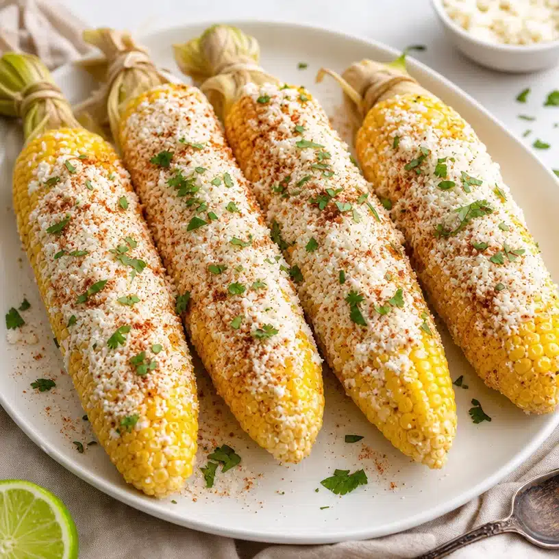Delicious Mexican Street Corn (Elote) topped with cheese and spices on the grill