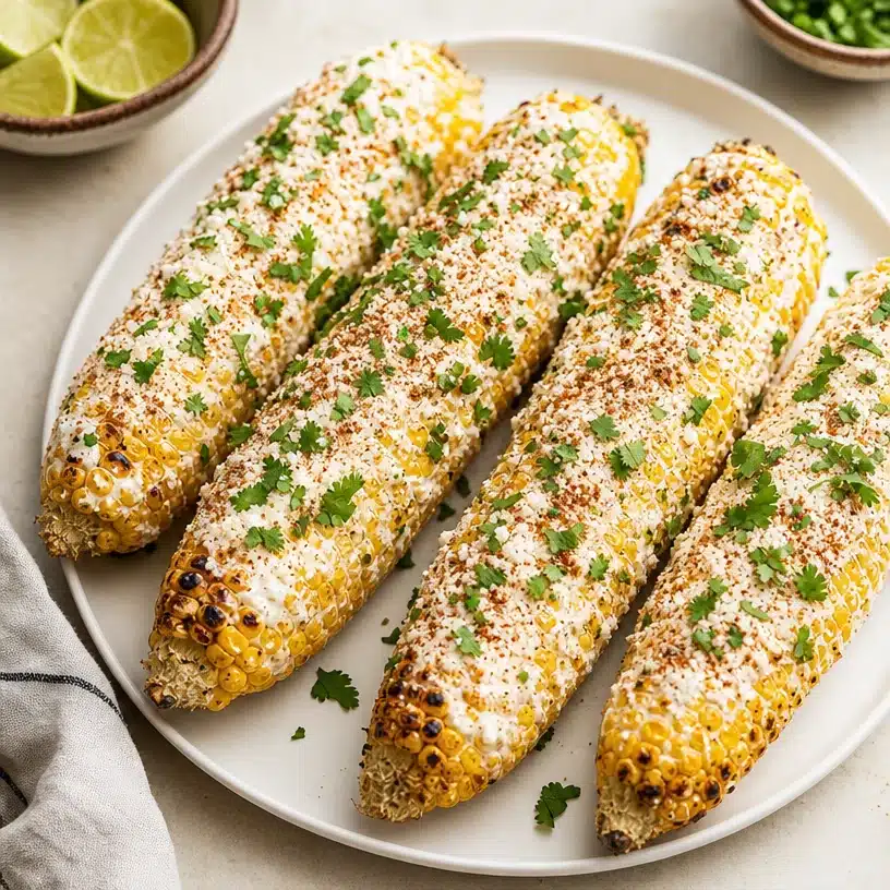 Delicious Mexican street corn (elotes) topped with cheese and spices