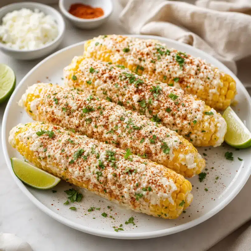 Delicious Mexican Street Corn (Elotes) with cheese and chili toppings