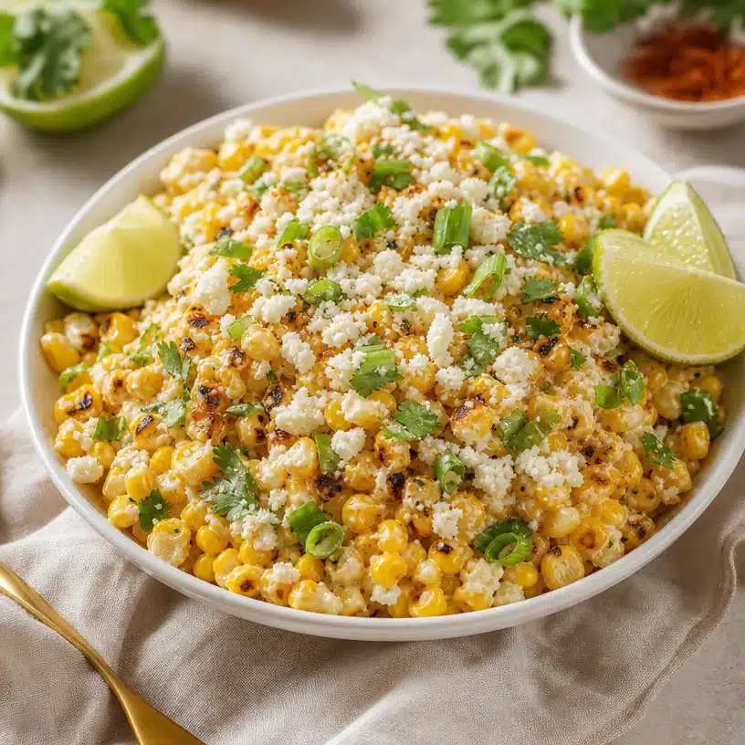 Bowl of vibrant Mexican street corn salad with corn, cilantro, and cheese