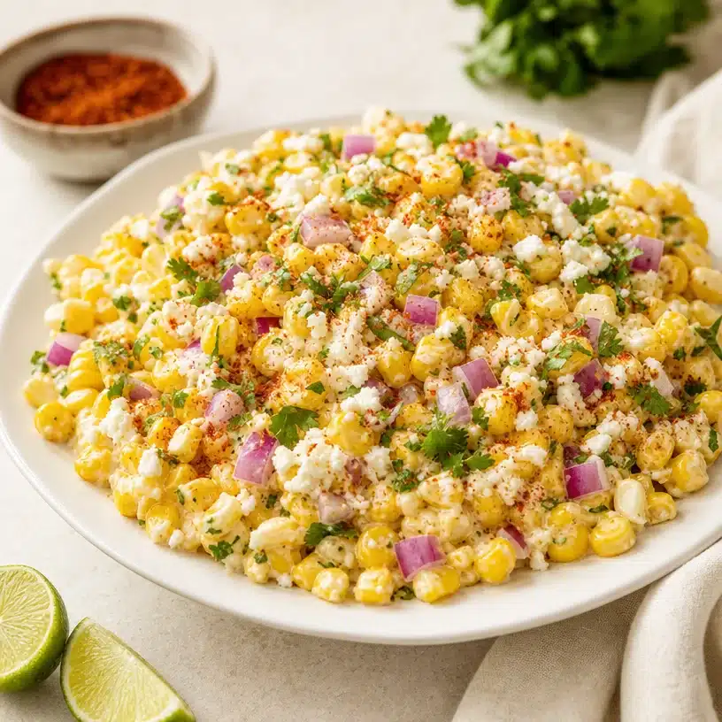 Delicious Mexican street corn salad with corn, cheese, and cilantro