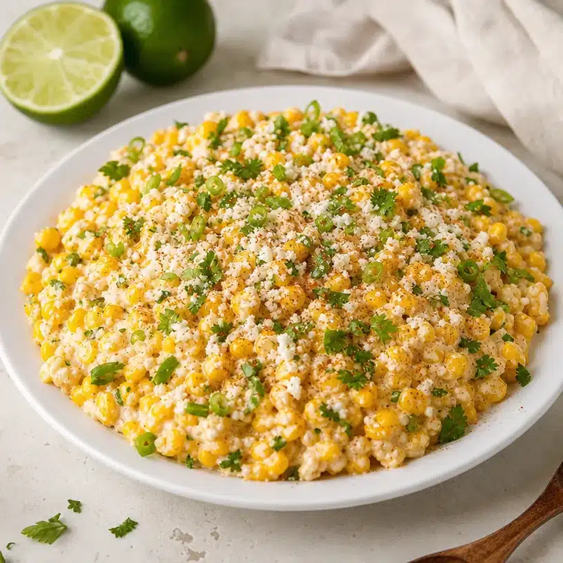 Mexican street corn salad (Esquites) served in a bowl with toppings.