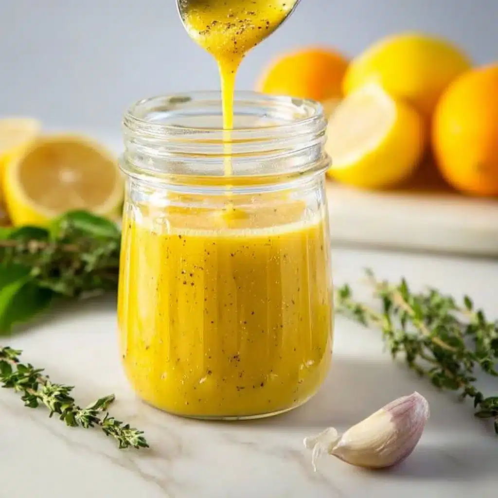 Ladolemono - Olive oil and lemon dressing in a bowl with fresh ingredients
