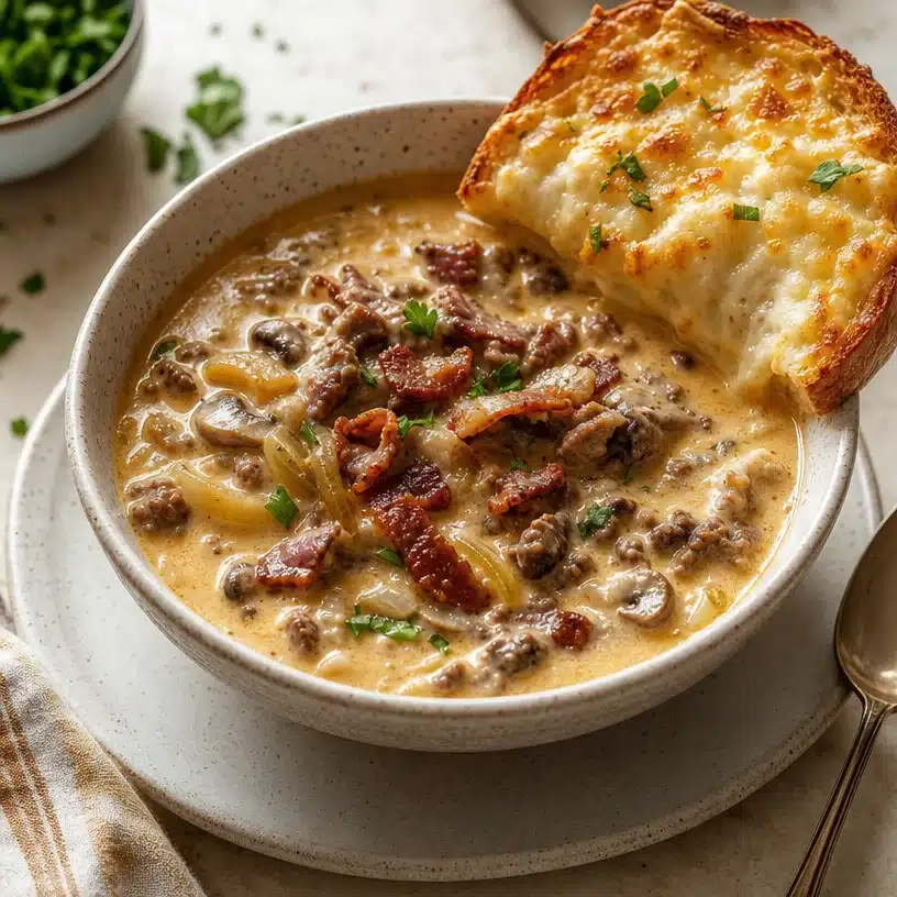 Delicious bowl of One-Pot Philly Cheesesteak Soup topped with cheesy toast and bacon.