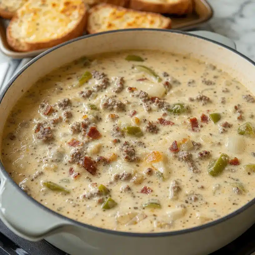 Hearty One-Pot Philly Cheesesteak Soup with Bacon and Cheesy Toast 4 One-Pot Philly Cheesesteak Soup with Bacon and Cheesy Toast - Tote For All | Mexican food recipes, Food dishes, Recipes
