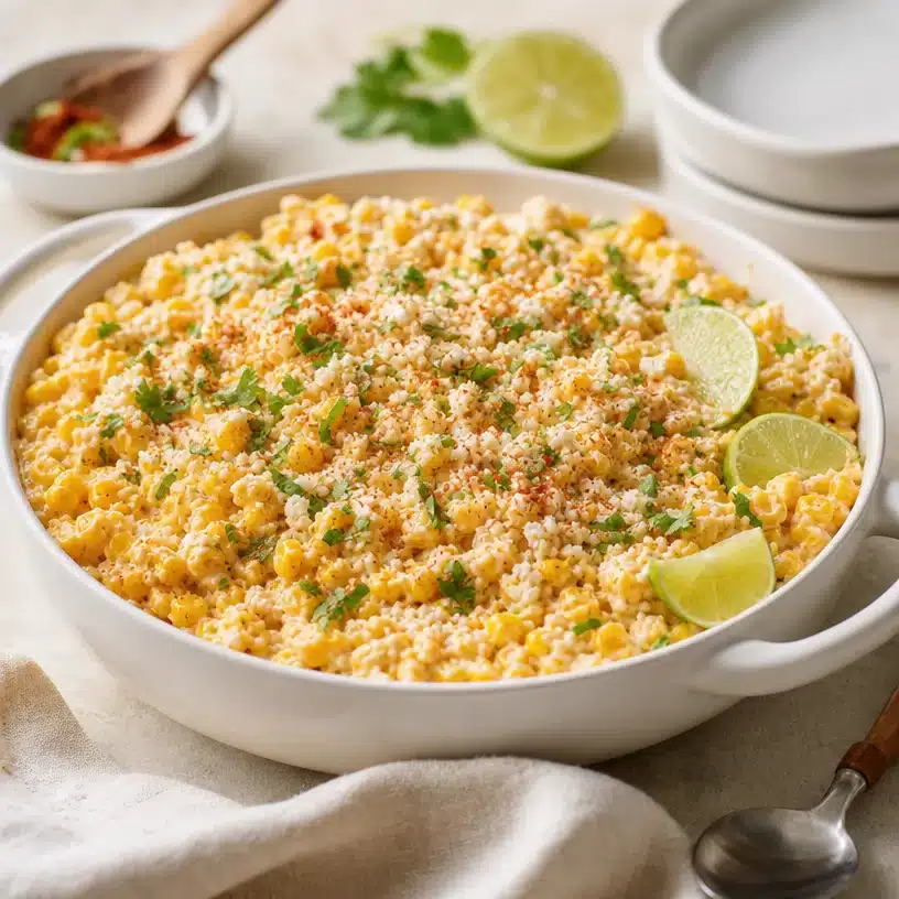 Skillet Mexican Street Corn with creamy sauce and spices in a skillet