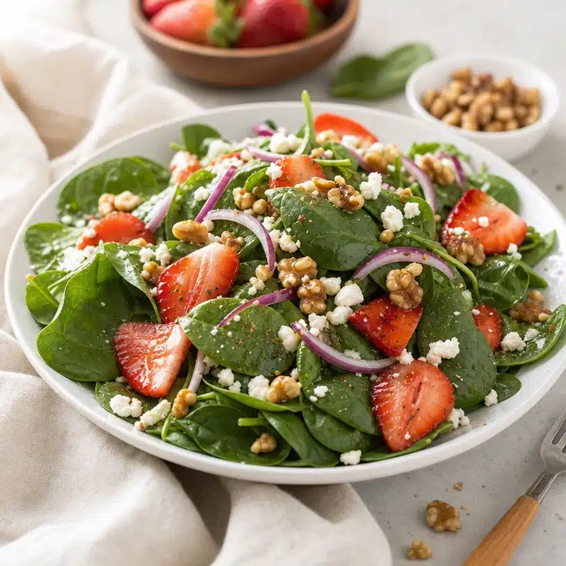 Fresh Spinach Strawberry Salad with nuts and dressing in a bowl.