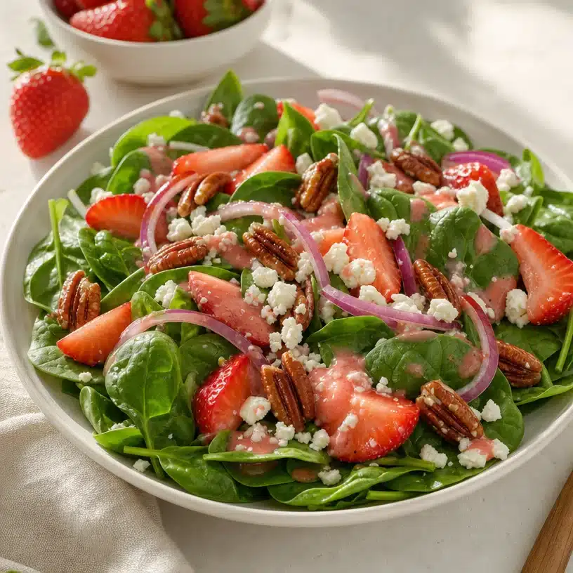 Delicious Spinach Strawberry Salad with fresh strawberries and vibrant dressing