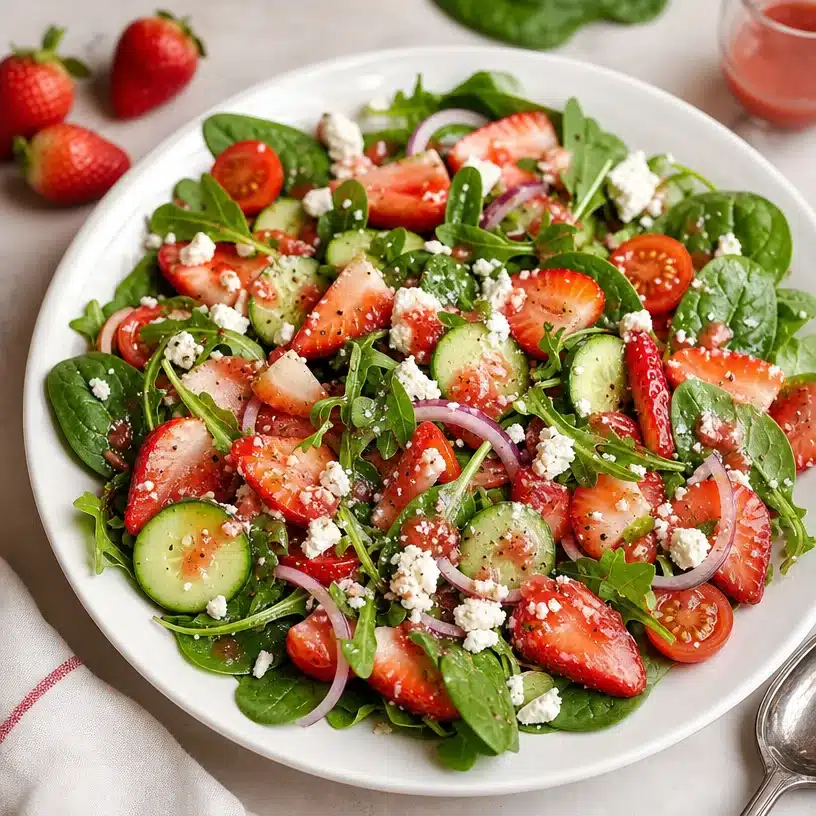 Delicious strawberry salad with fresh greens and toppings