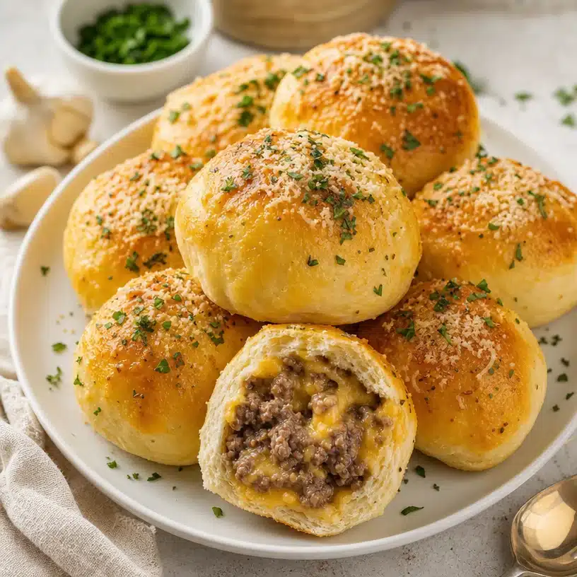 Delicious garlic parmesan cheeseburger bombs ready to enjoy.