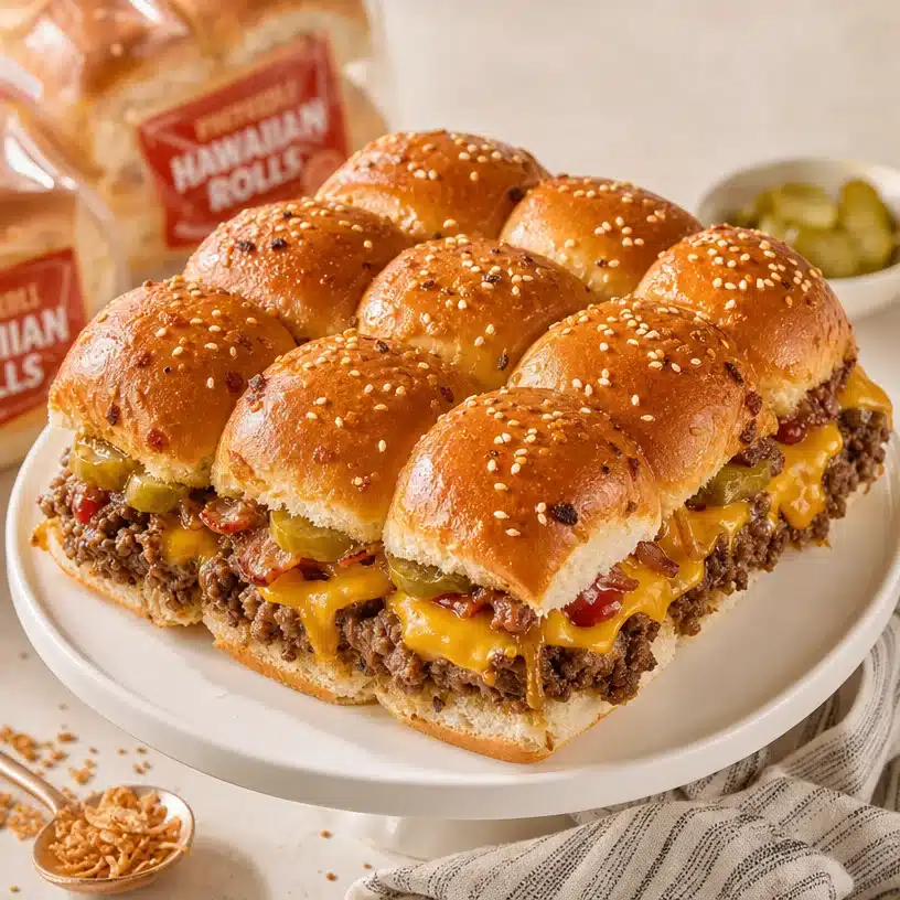 Delicious cheeseburger sliders served on a platter with toppings