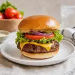 Delicious homemade beef burger with fresh ingredients and toppings