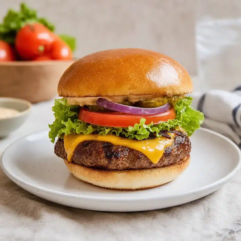 Delicious homemade beef burger with fresh ingredients and toppings